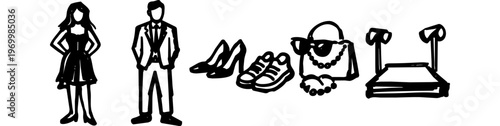 Hand-drawn black and white doodle of a couple in formal attire alongside fashion accessories and a treadmill, symbolizing the balance between work, style, and a healthy lifestyle.