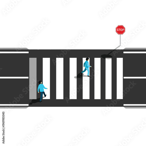 Two figures cross a marked street with a stop sign