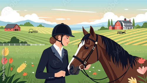 Elegant female equestrian wearing professional riding gear stands beside a beautiful brown horse in a scenic countryside farm with colorful flowers.