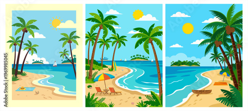 Tropical beach banners with palm trees, ocean shore, sun, and summer vacation vector