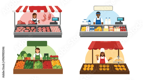 Variety of market stalls featuring professional vendors selling fresh meat, dairy products, organic vegetables, and delicious baked goods to customers.
