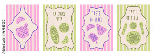 Set of pastel Italian cuisine stickers with hand drawn pasta, fish, artichoke, wine, pizza, and dessert elements in a vintage playful outline style