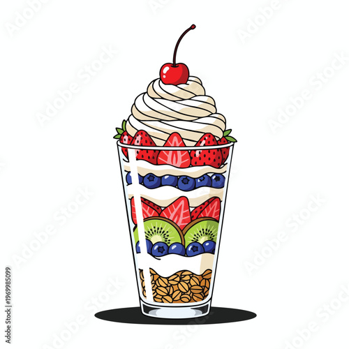 Tall glass filled with layered yogurt, granola, kiwi, blueberries, strawberries, and whipped cream, topped with a cherry