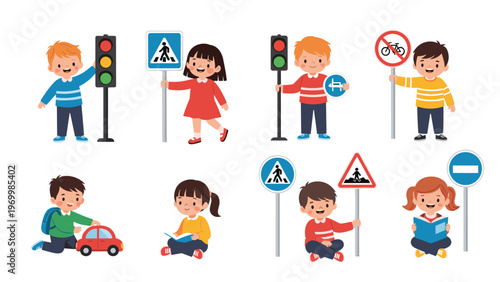 Educational set of young children holding various traffic signs and signals to teach important road safety rules in a friendly manner.