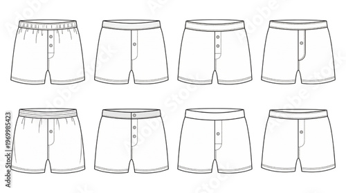 Collection of simple line art illustrations of men's boxer shorts showcasing various designs and styles