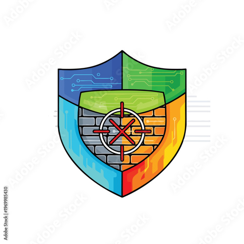 Digital shield with circuit patterns, brick wall, and targeting reticle