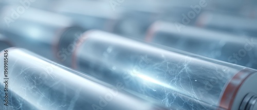 Rows Of Rechargeable Batteries With Blue Light Glow And Electrical Sparks On Dark Background