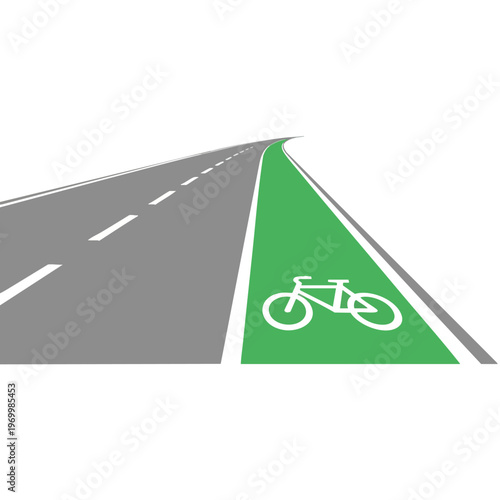 A grey road with white dashed lines curves away, next to a green bike lane with a white bicycle symbol