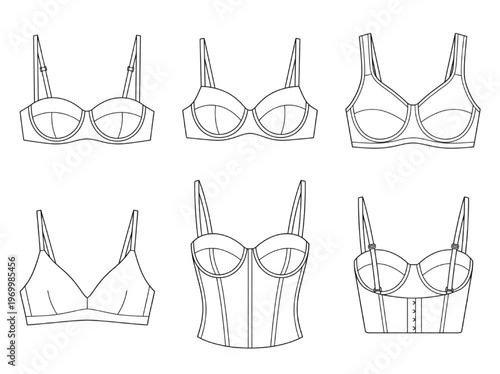 Collection of six different styles of bras and corsets isolated on a white background, line drawing fashion illustration