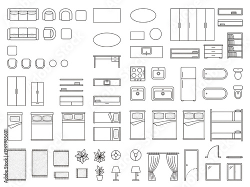 Collection of various furniture and home decor items, including sofas, beds, tables, cabinets, and accessories, presented in a line drawing style
