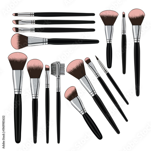 Collection of makeup brushes with pink bristles and black handles, arranged aesthetically