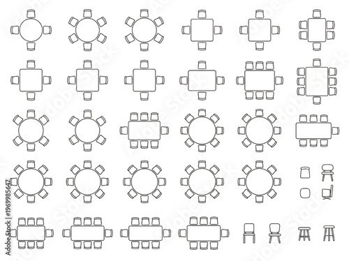 Collection of Top-Down Views of Various Dining and Conference Tables with Chairs