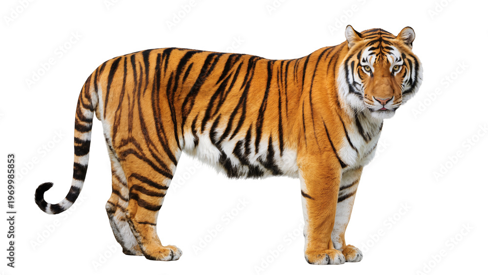 Obraz premium Orange striped tiger standing, displaying powerful muscles and a curled tail