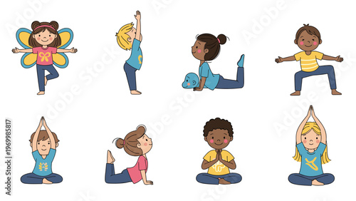 Set of happy children performing different yoga poses and stretching exercises to promote physical health and flexibility in a playful way.