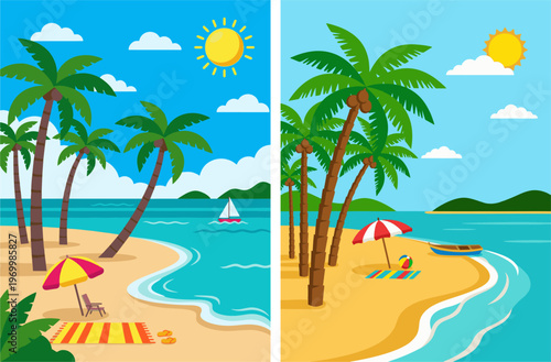 Tropical beach landscape with palm trees, ocean waves, umbrella, and summer vacation vector