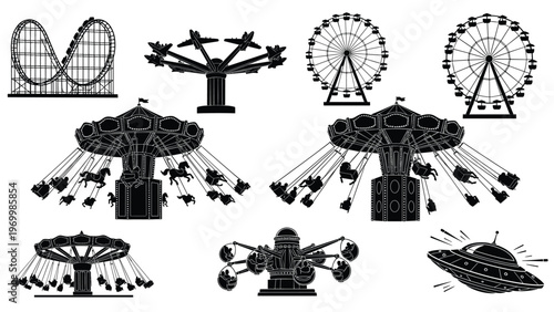 Black silhouettes of various amusement park rides including a roller coaster, ferris wheel, carousel, and a spinning swing ride.