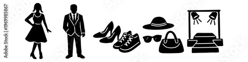 Fashion industry silhouette set featuring male and female models, shoes, accessories like hats and bags, and a runway stage with spotlights. Clean black icons on a white background.