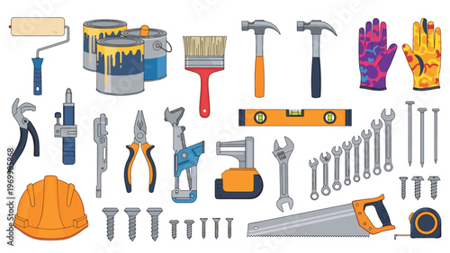 Collection of hand tools for construction and diy repairs including hammers, wrenches, screwdrivers, saw, and safety gear.