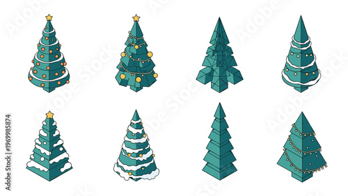 Set of isometric christmas trees decorated with lights, ornaments, and snow for winter holiday celebrations and greeting cards.