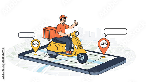 Courier on a yellow delivery scooter riding on a large smartphone screen displaying a digital map with gps location pins for tracking.