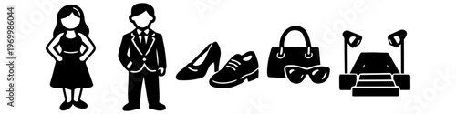 Minimalist fashion icon set featuring a man and woman in formal attire, shoes, handbag, sunglasses, and a runway stage. Professional black and white graphic elements for apparel and events.