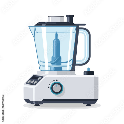 Modern white food processor with transparent blue jug and control panel