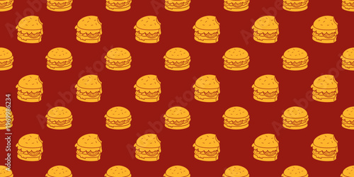 seamless pattern of burger vector illustration. whole and bitten burger yellow burger seamless pattern on red background