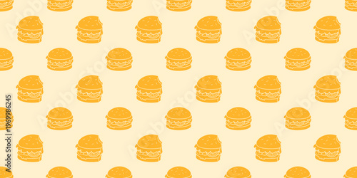 seamless pattern of burger vector illustration. whole and bitten burger yellow burger seamless pattern on light yellow background