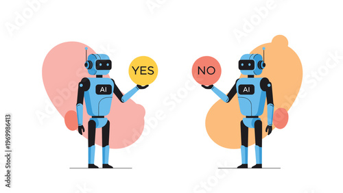 Two identical blue AI robots standing side-by-side holding circular signs that say YES and NO to represent binary choices.