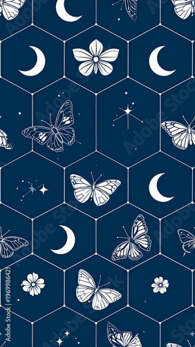 Hexagonal pattern with moons, stars, flowers, & butterflies on dark blue