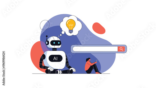 Smart AI robot sits in a meditation pose with a light bulb thought bubble next to a woman sitting by a search bar.