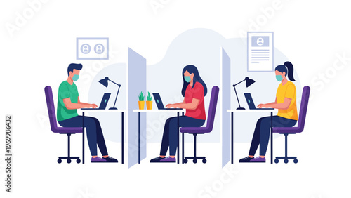 Office employees wearing face masks work at individual desks separated by white tall dividers for health and safety.