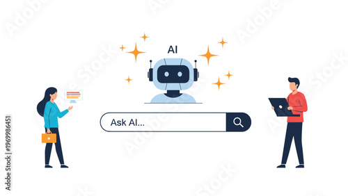 AI robot head floating over large search bar with Ask AI text for intelligent information discovery and research.
