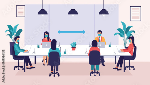 Office employees working at shared desk while wearing masks and maintaining social distancing for safety during pandemic.