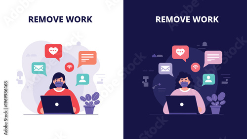 Woman wearing face mask working on laptop from home with multiple notification chat bubbles and plant for decor.