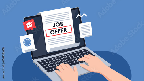 Professional individual receives a formal job offer document through a laptop computer while working online at a desk.