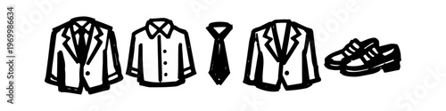Hand-drawn doodle set of men's formal wear icons including suit jackets, a dress shirt, a necktie, and dress shoes. Minimalist black line art for business fashion design.