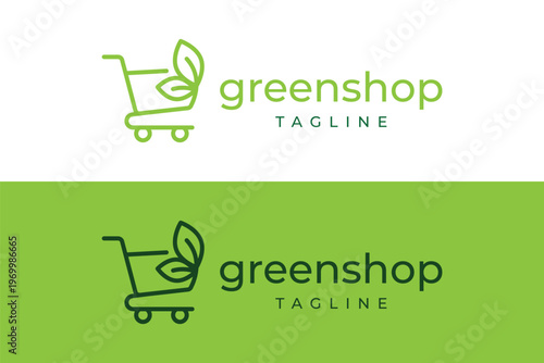 Green shop logo design featuring a leaf inside a shopping cart icon representing sustainable shopping and natural products