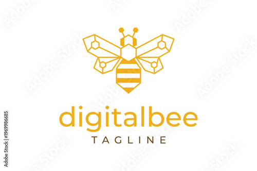 Digital bee logo features an abstract insect design with geometric lines representing technology and nature