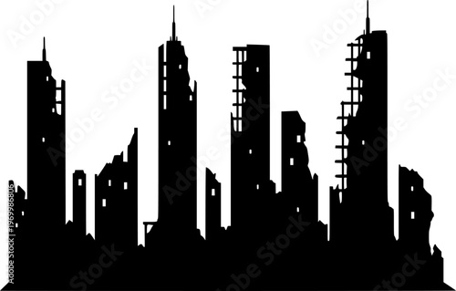 Ruined City Buildings Silhouette War Zone Destruction Conflict Debris Black Vector