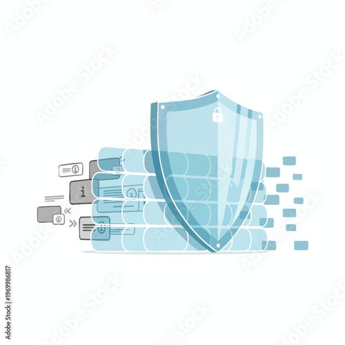 A translucent shield with a lock icon protects stacked abstract documents