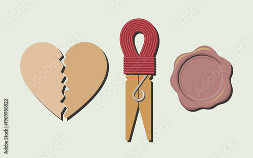 A broken heart is clipped with a red clothespin and sealed with a wax stamp on a table.