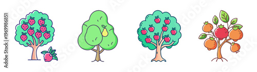 Flat vector fruit tree icons set, colorful apple and pear trees with ripe harvest, garden orchard plant illustrations for farming and agriculture