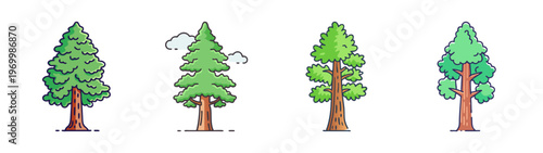 Pixel art pine trees collection, set of 4 green evergreen tree icons, retro 8-bit forest nature elements, flat vector game assets for environment design