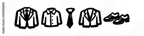 Doodle set of men's formal clothing icons including suit jackets, a shirt, a necktie, and dress shoes. Minimalist hand-drawn illustration for business and fashion concepts.