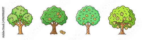 Cartoon money tree vector set, financial growth concept with gold coins on green branches, investment and wealth accumulation icons