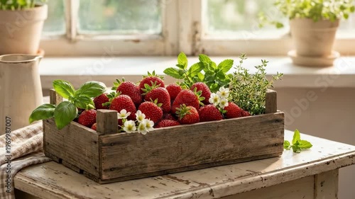 Fresh red strawberries in a rustic wooden crate on a wooden table near a sunny window. Organic fruit harvest for spring time. Healthy dietary food concept with aromatic garden herbs and white blossom