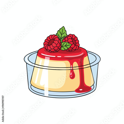 Creamy dessert with raspberry topping and mint in a clear glass bowl