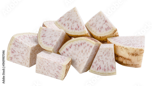 Sliced jicama root, displaying fibrous texture and pale pink veins
