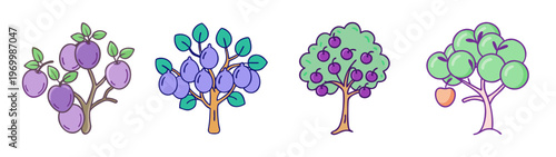 Stylized fruit tree icons set, colorful plum and apple tree vector illustrations, flat garden orchard plant collection for farming and nature design